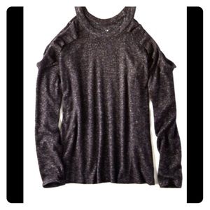 AE SOFT & SEXY PLUSH COLD SHOULDER RUFFLE SWEATER